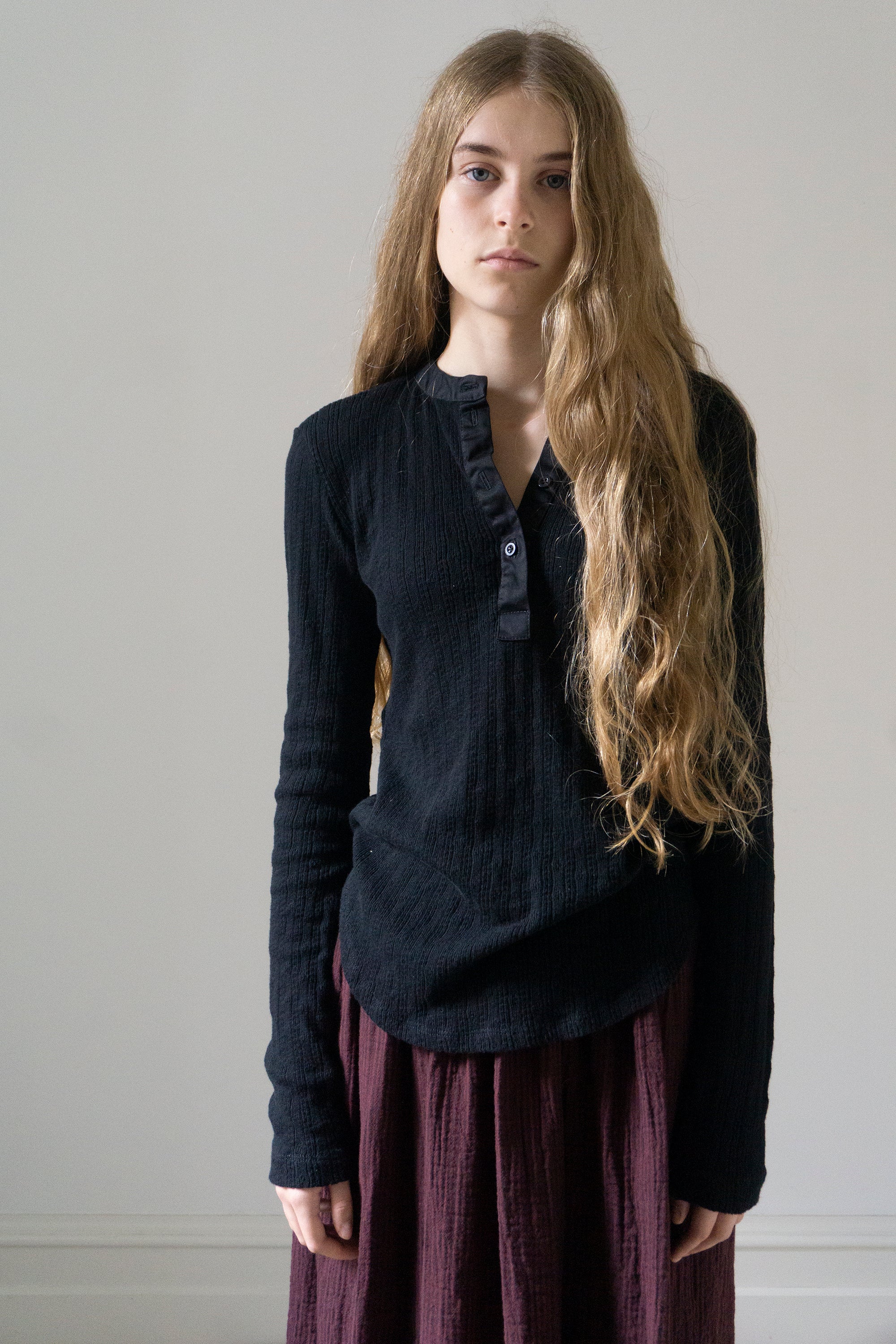 Pointelle Henley Long Sleeve Top - Black