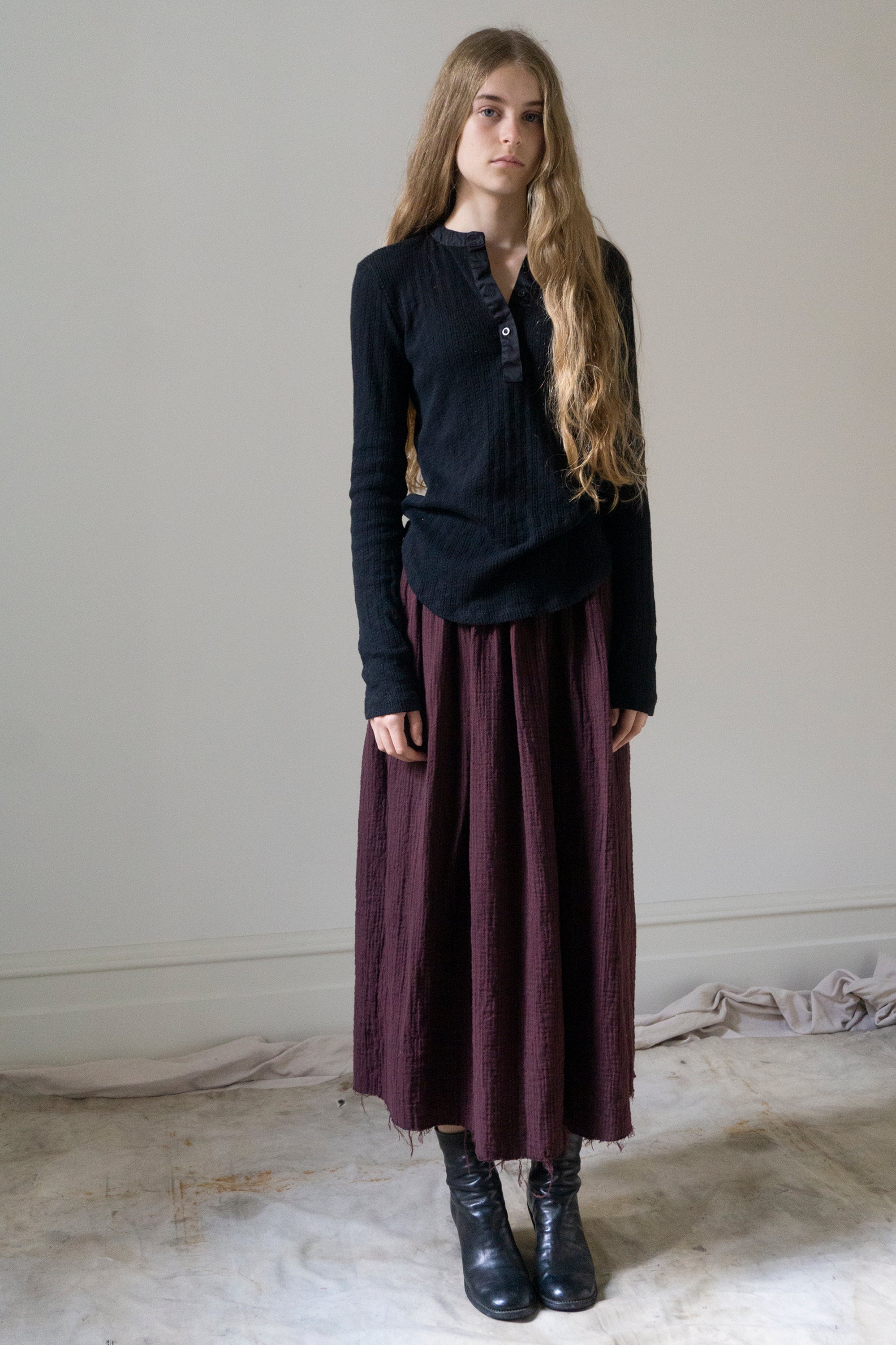 Pointelle Henley Long Sleeve Top - Black