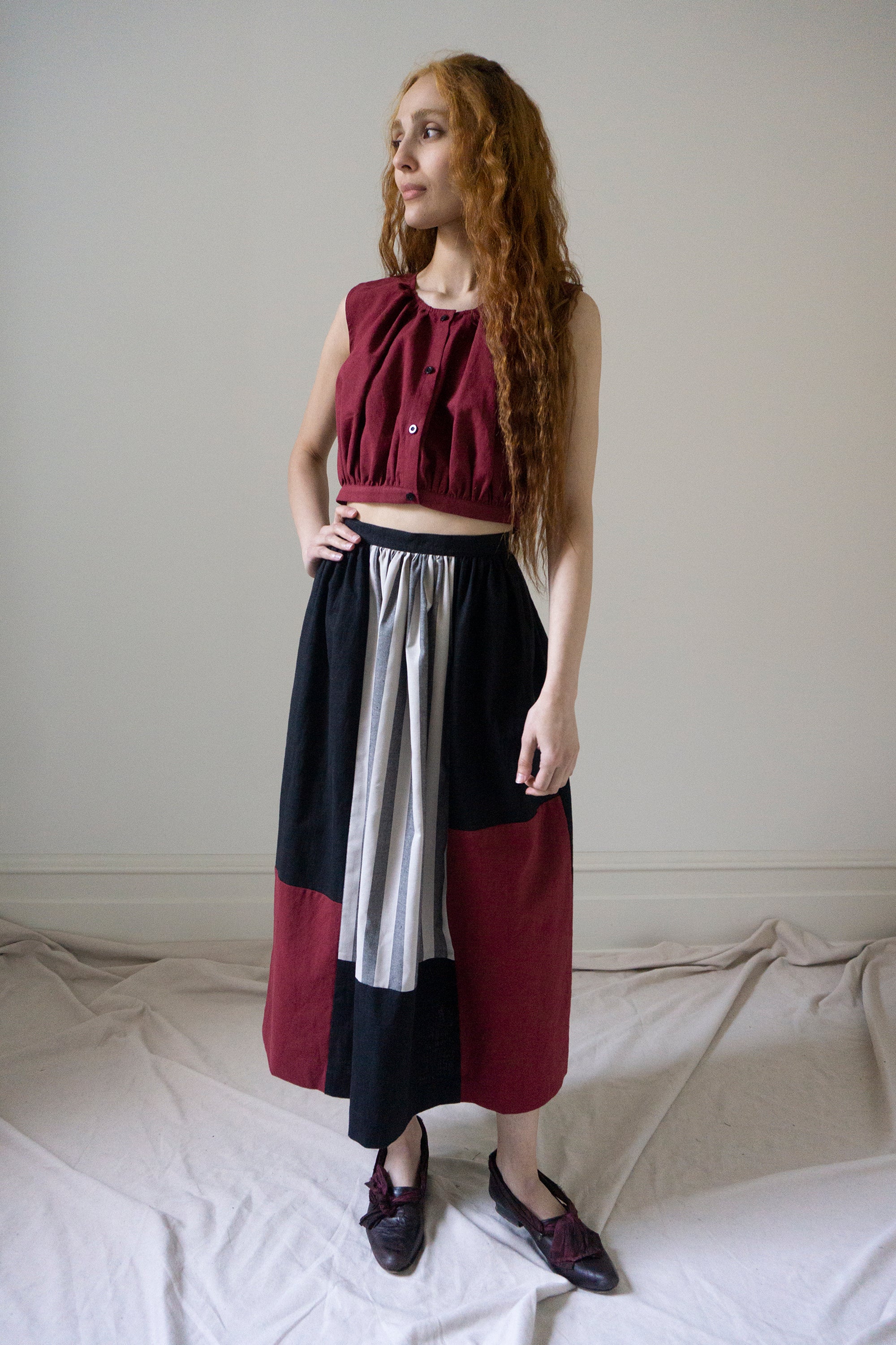 Patchwork Skirt - Dark Red, Black & Stripe