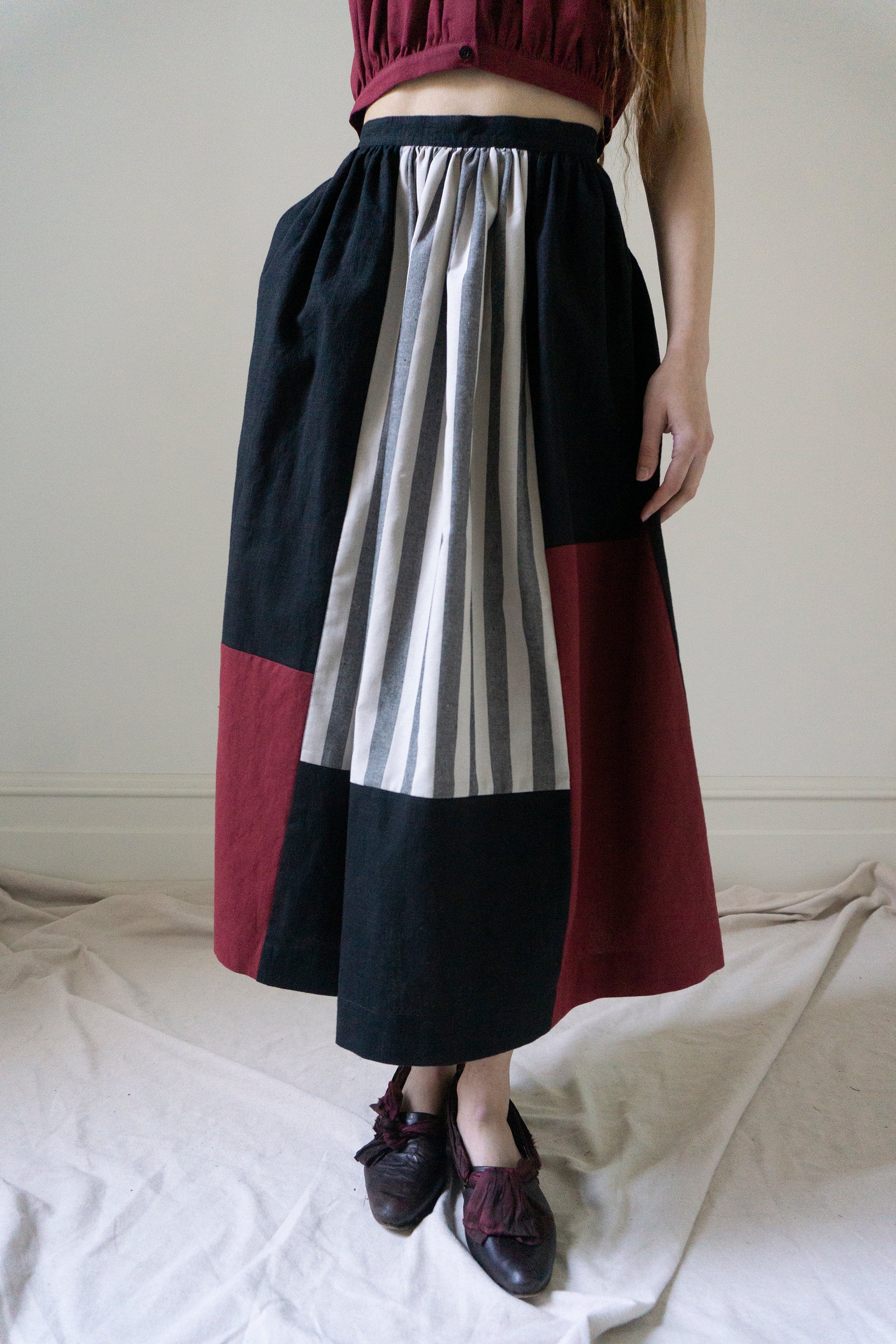 Patchwork Skirt - Dark Red, Black & Stripe
