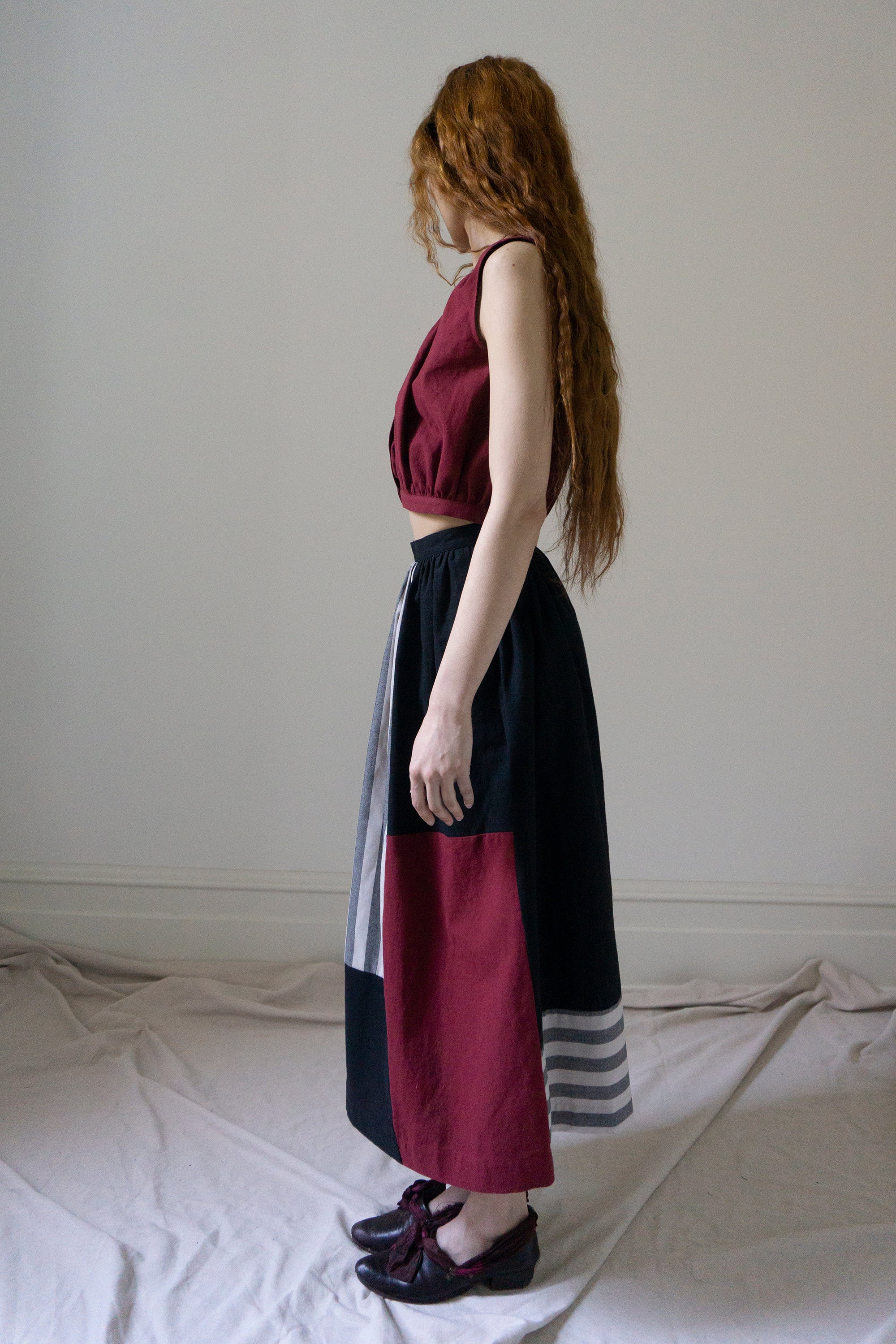 Patchwork Skirt - Dark Red, Black & Stripe