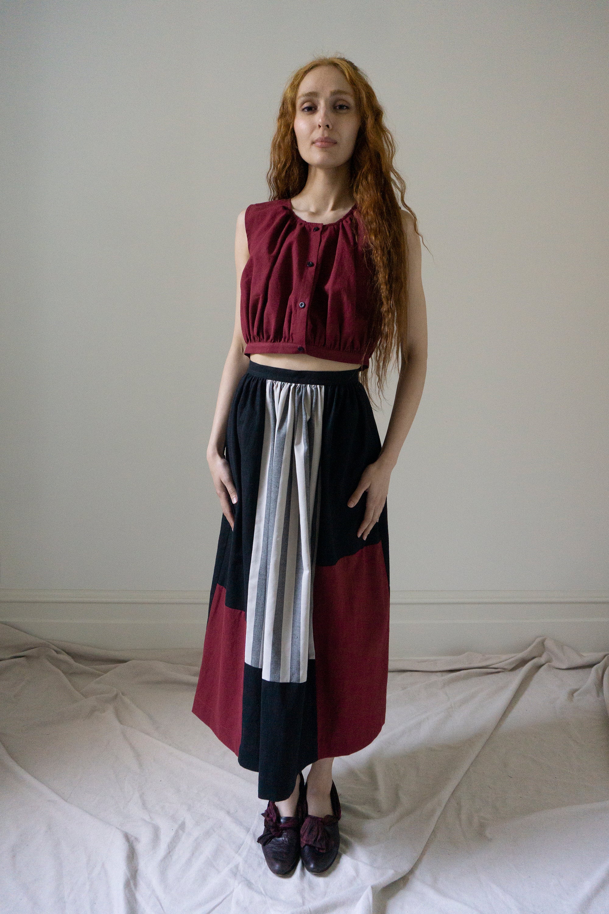 Patchwork Skirt - Dark Red, Black & Stripe